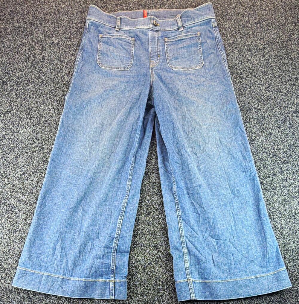 SPANX Women's XL Blue Denim Cropped Wide Leg Pants Stretch Pockets Zip Button